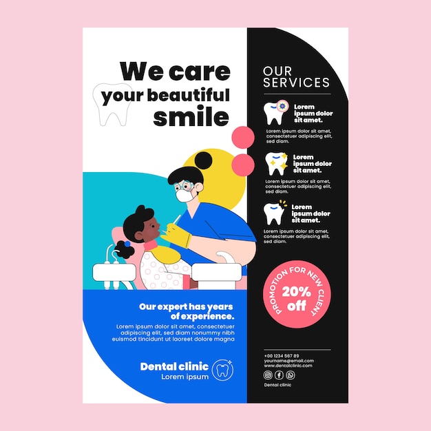 Modello di volantino dentale design piatto disegnato a mano