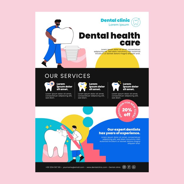 Modello di volantino dentale design piatto disegnato a mano