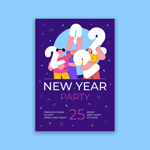 Modello di volantino festa di capodanno piatto disegnato a mano