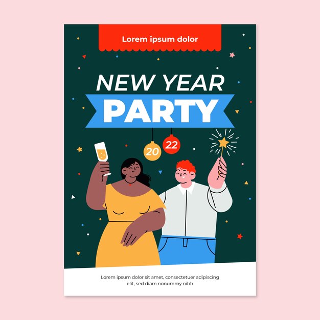 Modello di volantino festa di capodanno piatto disegnato a mano