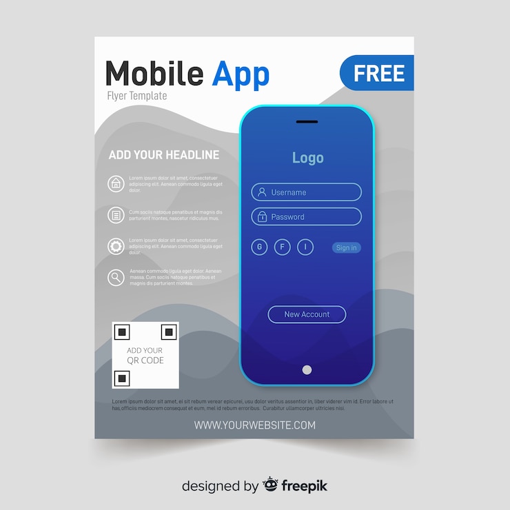 Vettore gratuito modello di volantino per applicazioni mobili