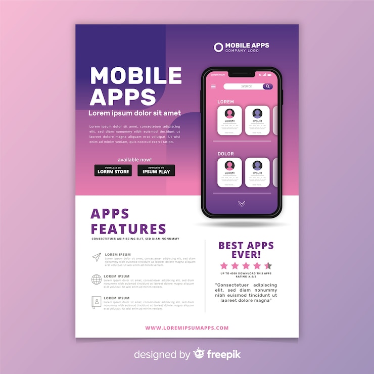 Vettore gratuito modello di volantino per applicazioni mobili