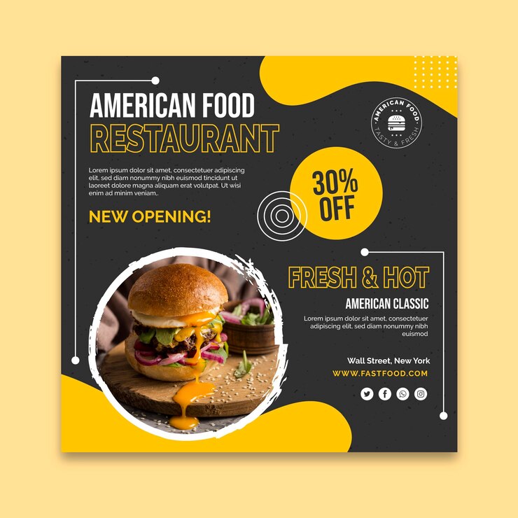 Vettore gratuito modello di volantino quadrato americano fast food