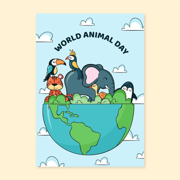 Modello di volantino verticale della giornata mondiale degli animali disegnato a mano