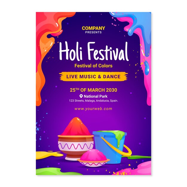 Modello di volantino verticale gradiente per la celebrazione del festival di Holi.