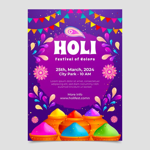 Modello di volantino verticale gradiente per la celebrazione del festival di Holi.