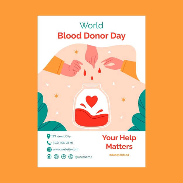 Modello di volantino verticale piatto per la consapevolezza della giornata mondiale del donatore di sangue