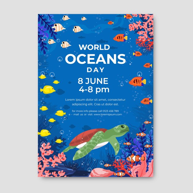 Modello di volantino verticale piatto per la giornata mondiale degli oceani con creature acquatiche