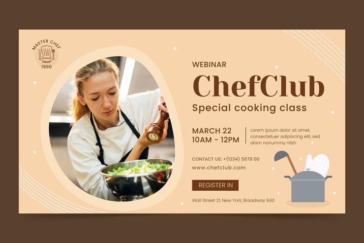 Vettore gratuito modello di webinar orizzontale per chef piatto