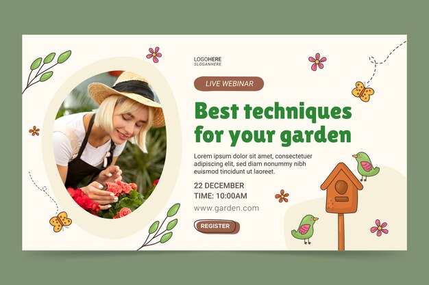 Modello di webinar per hobby di giardinaggio disegnato a mano
