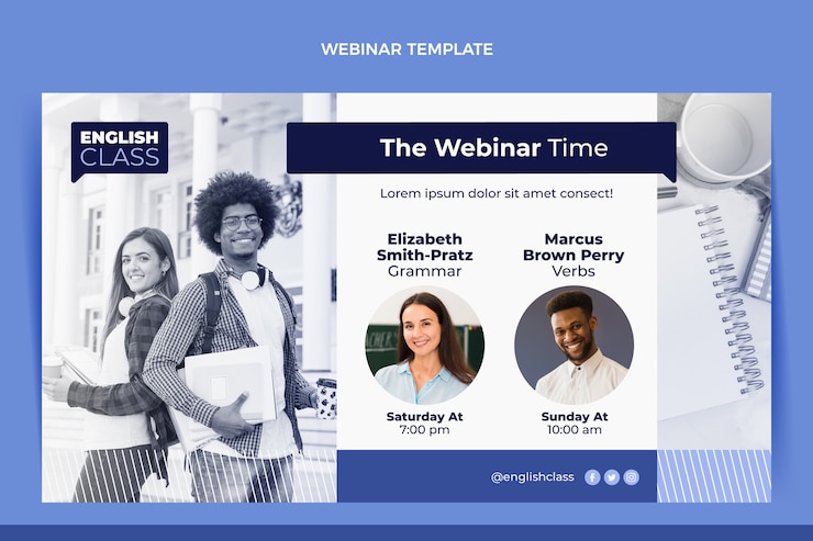 Vettore gratuito modello di webinar per lezioni di inglese piatto