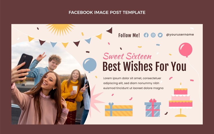Vettore gratuito modello dolce 16 di design piatto disegnato a mano