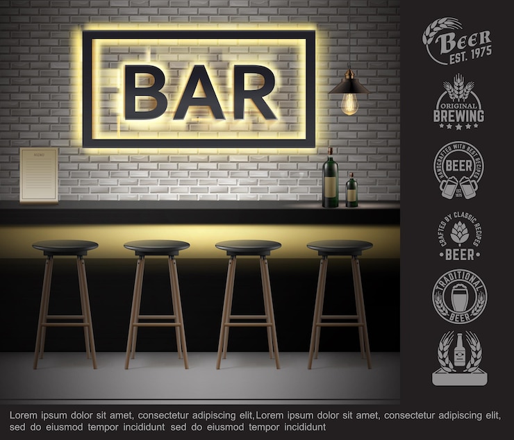 Vettore gratuito modello interno bar realistico con bottiglie di bevande alcoliche sulle sedie dell'insegna al neon del menu del contatore e sulle etichette del birrificio
