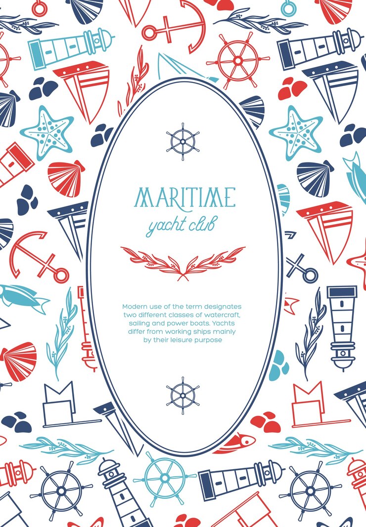 Vettore gratuito modello marino vintage con testo in cornice ovale ed elementi nautici disegnati a mano