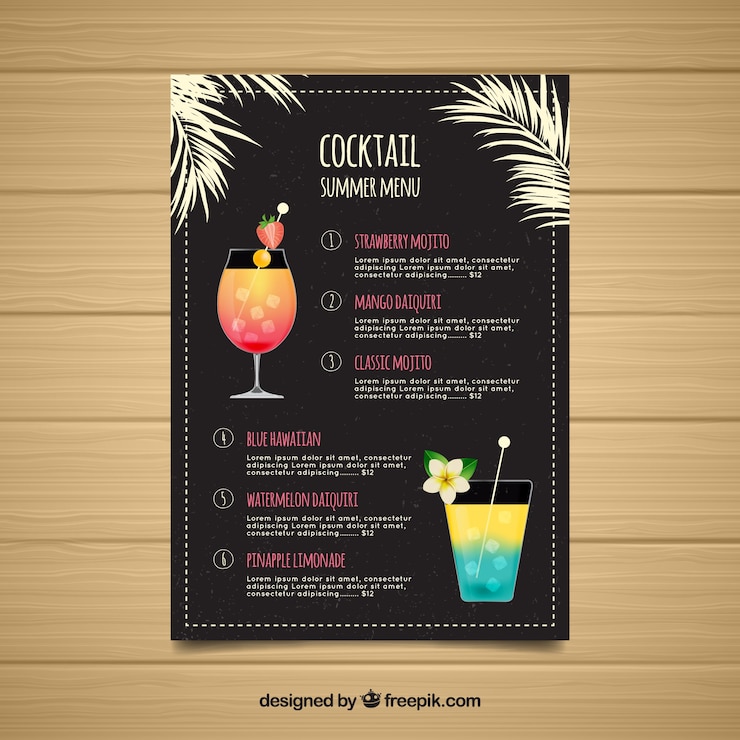 Vettore gratuito modello piatto di menu di cocktail