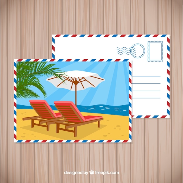 Modello postale estivo piatto con spiaggia
