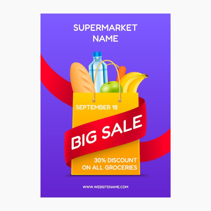 Vettore gratuito modello realistico del manifesto del supermercato