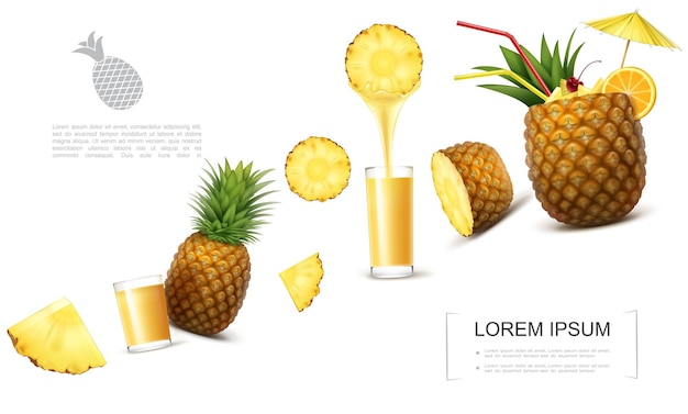 Modello realistico di ananas fresco con pezzi di frutta tropicale bicchieri di cocktail di ananas succo naturale guarnito con ombrello e fetta d'arancia