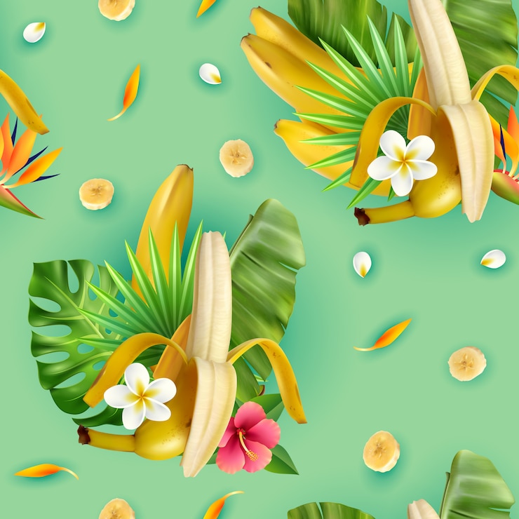 Vettore gratuito modello realistico di banana con composizioni di fiori tropicali e foglie di banana tropicale con fette di turchese
