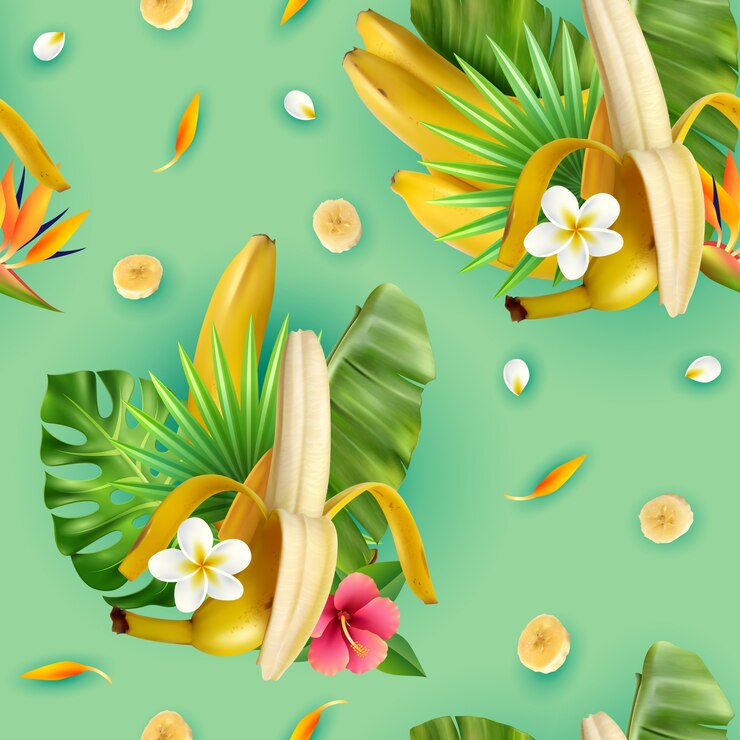 Vettore gratuito modello realistico di banana con composizioni di fiori tropicali e foglie di banana tropicale con fette di turchese