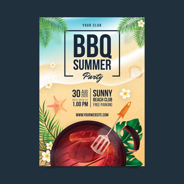 Modello realistico di poster per barbecue estivo con griglia e cibo