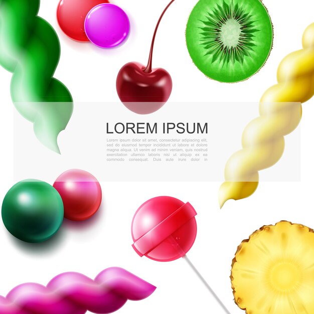 Modello realistico di prodotti dolci di frutta con kiwi ananas pezzi ciliegia gengive colorate caramelle lecca-lecca illustrazione