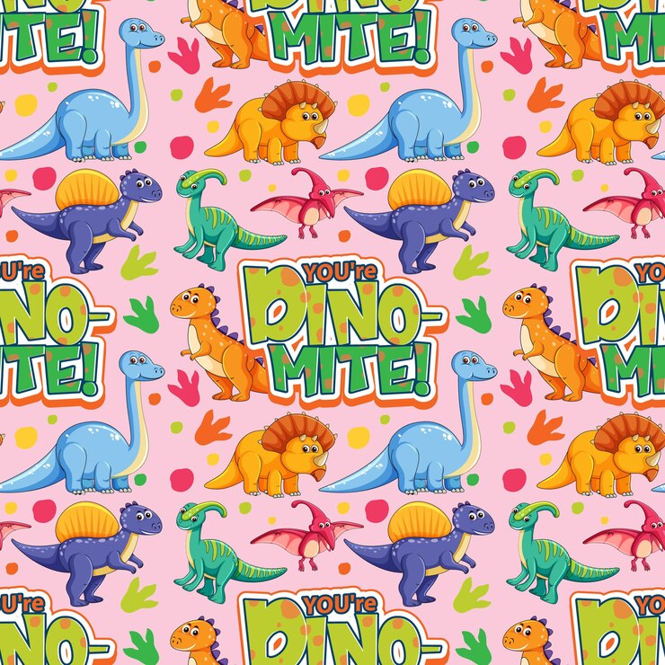 Vettore gratuito modello senza cuciture con simpatici dinosauri e font su sfondo rosa