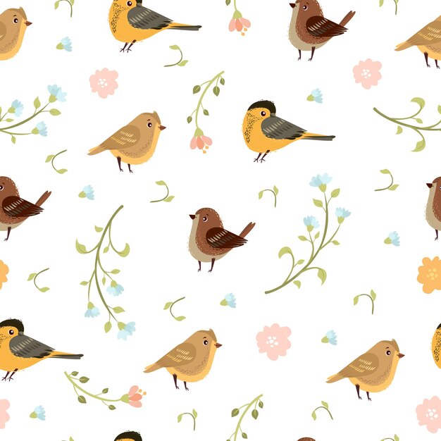 Modello senza cuciture con simpatici uccelli e fiori