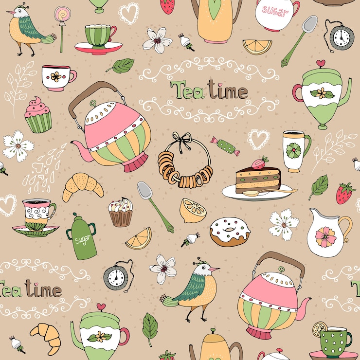 Vettore gratuito modello senza cuciture del fondo senza cuciture del tè pomeridiano disegnato a mano con le teiere