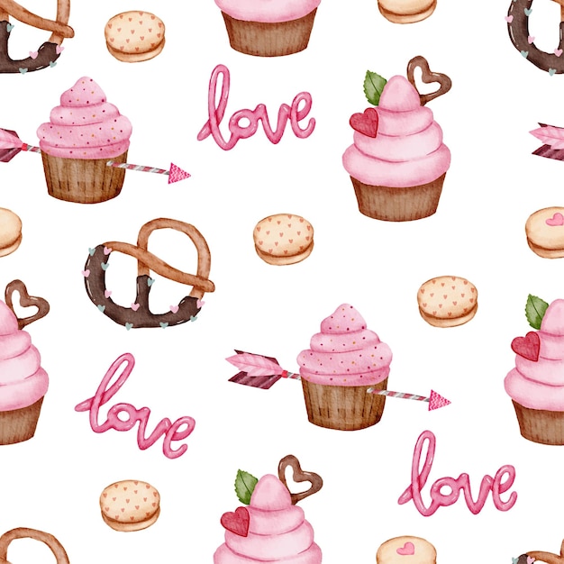 Modello senza cuciture di San Valentino con cuore, freccia, cupcakes e altro ancora.