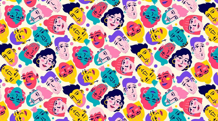 Vettore gratuito modello senza cuciture divertente con volti disegnati a mano di giovani