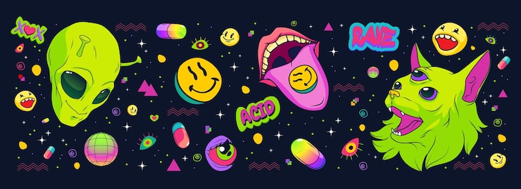 Vettore gratuito modello senza cuciture in stile rave psichedelico