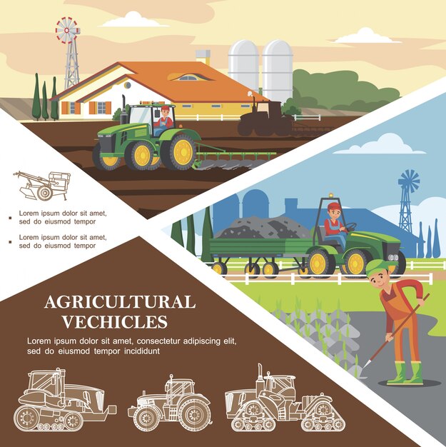 Modello variopinto di agricoltura piana con gli agricoltori che raccolgono raccolto e che trasportano terra facendo uso dei veicoli agricoli