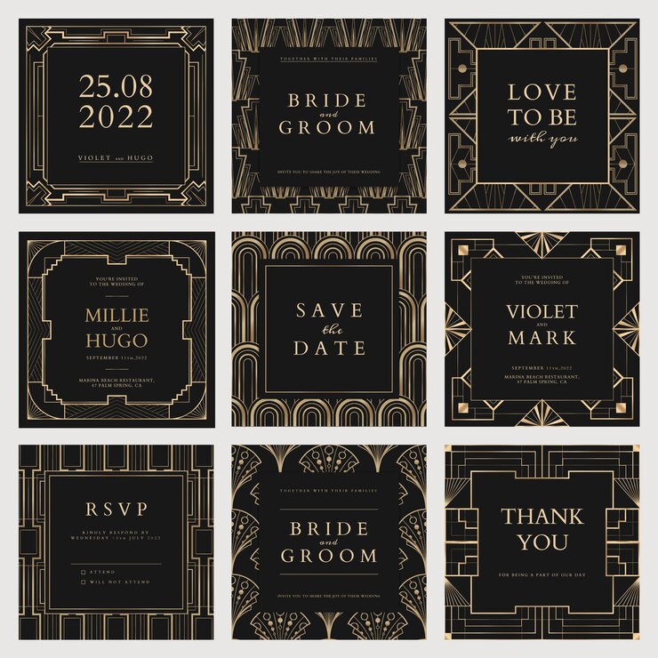 Vettore gratuito modello vettoriale di invito a nozze per post sui social media con stile art deco geometrico