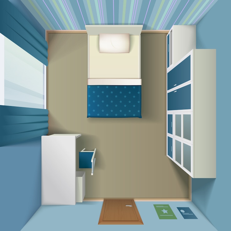 Vettore gratuito modern bedroom interior realistic top view 