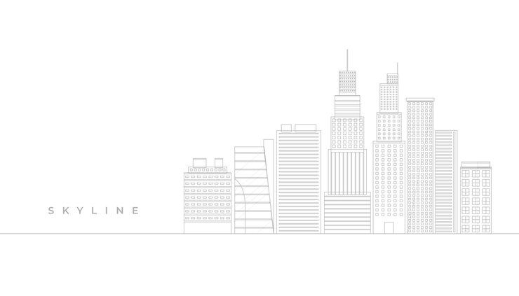 Vettore gratuito moderna skyline città bandiera della città con un capolavoro architettonico