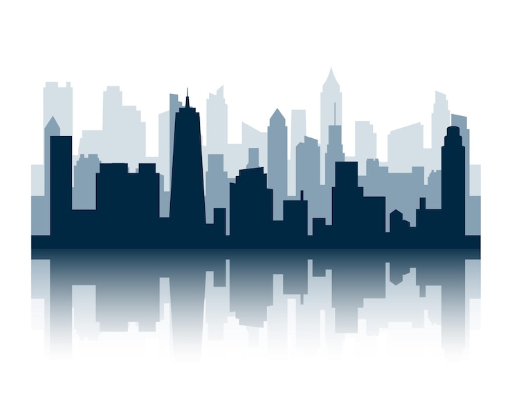 Vettore gratuito moderno design di sfondo dell'edificio skyline con effetto di riflessione