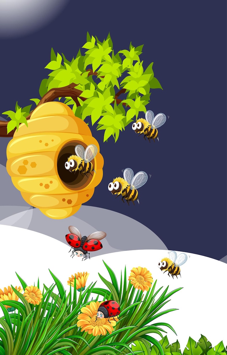 Vettore gratuito molte api che vivono nel giardino con nidi e coccinelle