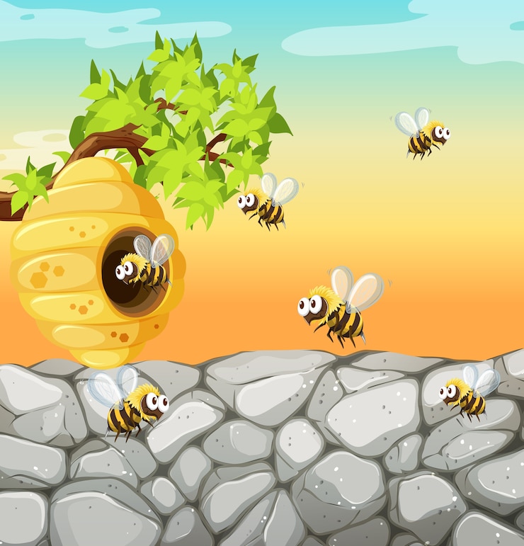 Vettore gratuito molte api che vivono nella scena del giardino con il favo