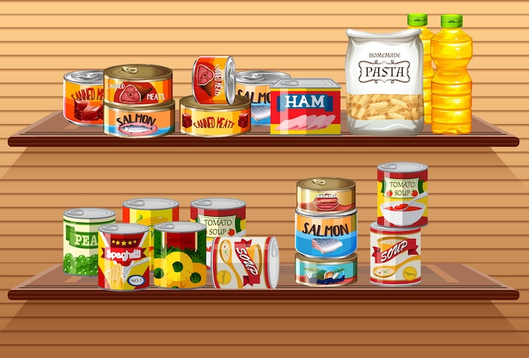 Vettore gratuito molti cibi in scatola diversi o alimenti trasformati sugli scaffali a muro