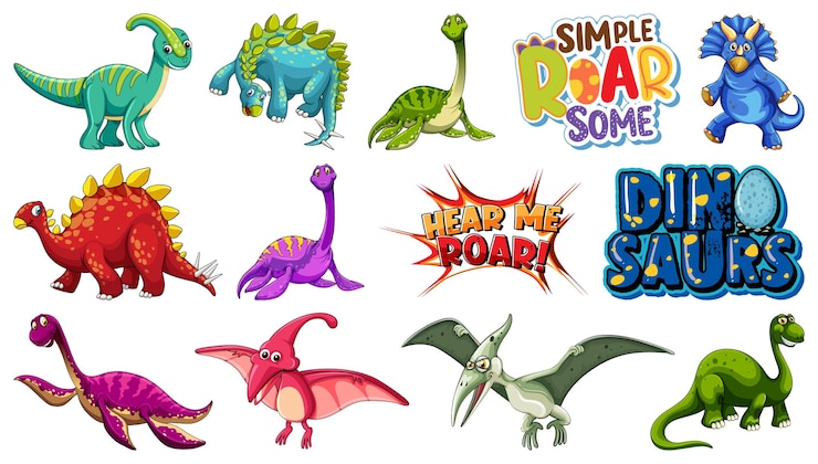 Vettore gratuito molti dinosauri su sfondo bianco