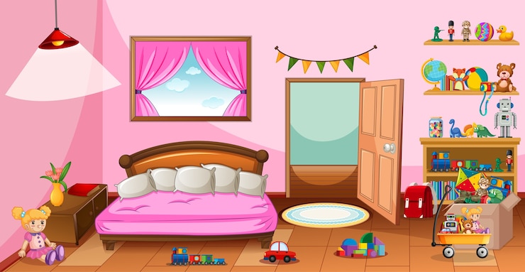 Vettore gratuito molti giocattoli nella scena della camera da letto rosa