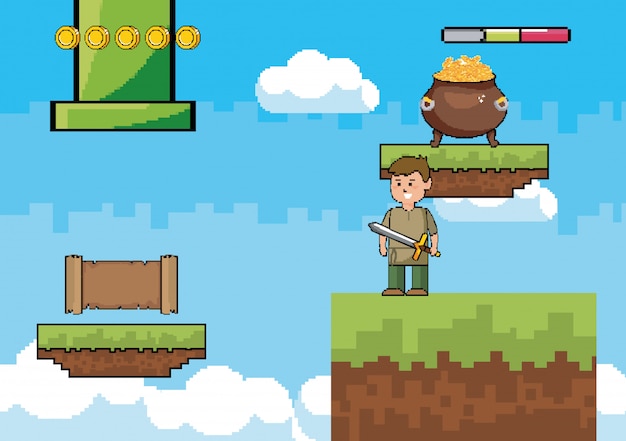 Mondo di gioco arcade e scena di pixel