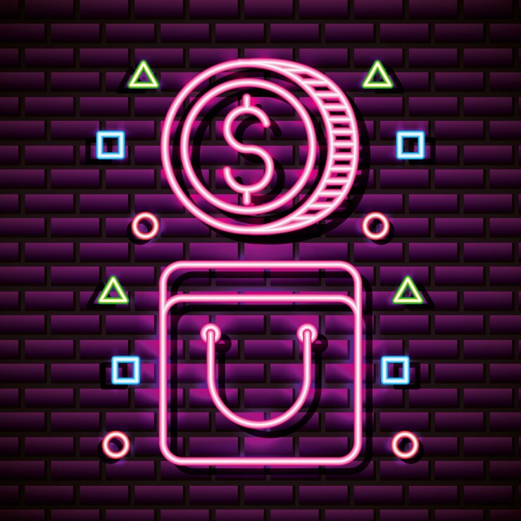 Vettore gratuito moneta e borsa in stile neon, videogiochi correlati