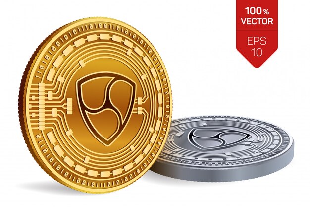 Monete dorate e d'argento di criptovaluta con il simbolo di nem isolato su priorità bassa bianca.