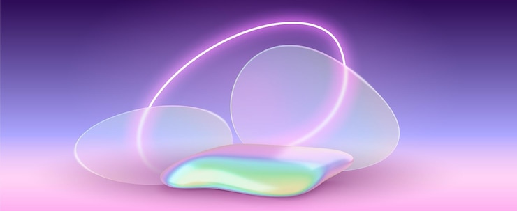 Vettore gratuito morfismo di vetro olografico 3d sfocatura dello sfondo del podio di pietra luce al neon ologramma esposizione del prodotto stage room vector mockup piattaforma piedistallo morbida astratta e vibrante illustrazione dello showroom gradiente y2k