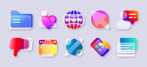 Morfismo di vetro realistico icone UI trasparenti per app mobile con gradiente neon sfocato