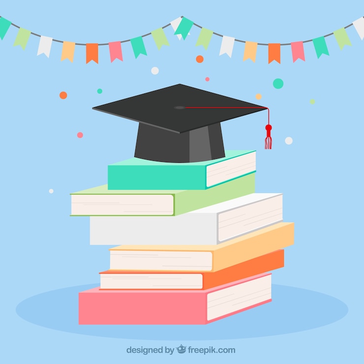 Vettore gratuito mortarboard con sfondo di libri in disegno piatto