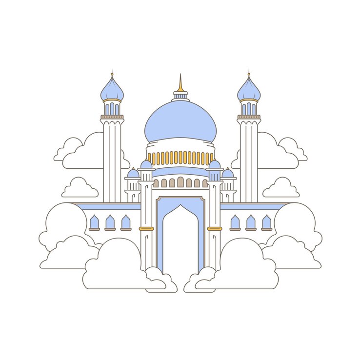 Vettore gratuito moschea circondata da nuvole illustrazione islamica araba sfondo dell'elemento vettoriale