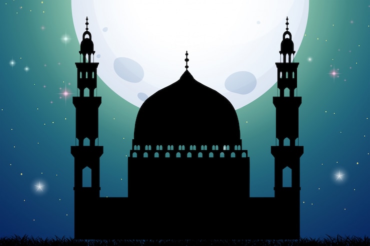 Vettore gratuito moschea di sagoma sullo sfondo di notte fullmoon